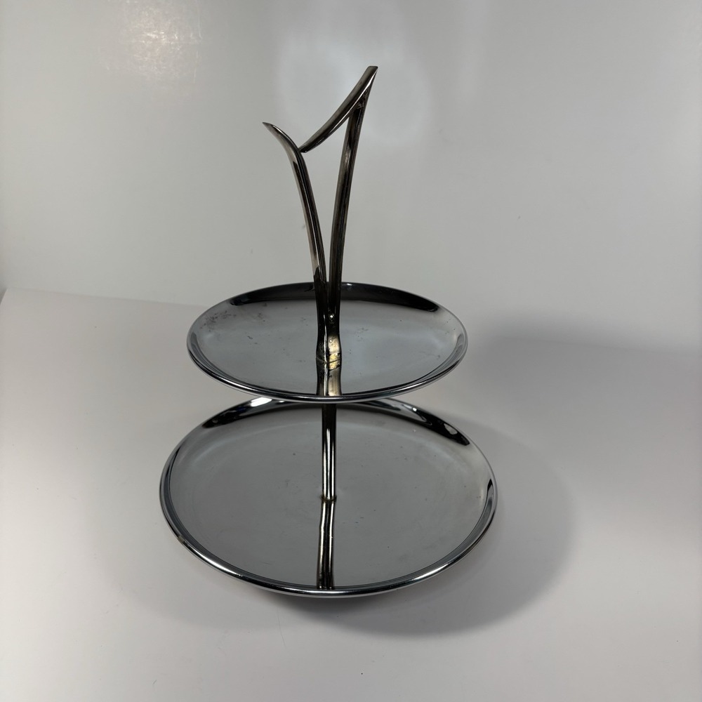 Vintage MCM Chrome 2-Tier Atomic Tray Appetizer Dessert Candy Dish Tidbit Turns